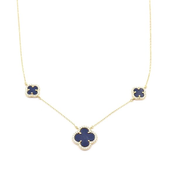 New RACHEL ZOE 18K Gold Silver Blue Stone Three Clover Cubic Zirconia Necklace - Picture 3 of 10